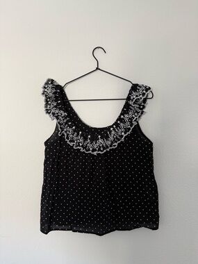Sezane Black Polka Dot Ruffle Neck Women’s Tank Top